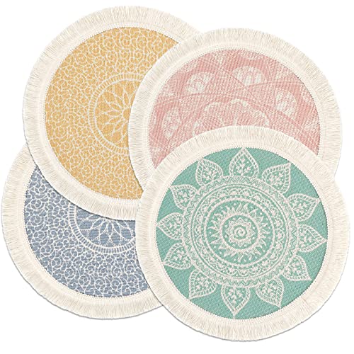 Set of 4 Round Placemats 13 Inch Cotton Woven Mandala Tassels Table Mats - color: Colorful-4pcs