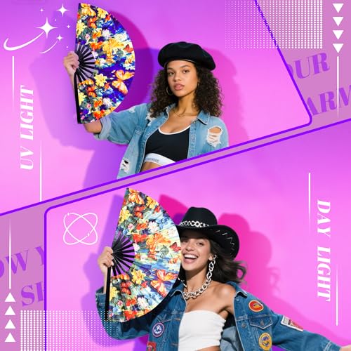 13 Inch Large Rave Fan & Clack Fans for Line Dancing - Folding Hand Fan with UV Glow for Boots on The Ground, Performance, Wedding, Party - Portable Handheld Fans for Women & Men - color: Oil painting of butterflies*1