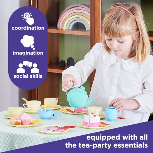 Casdon 36-Piece Tea Set - Colorful Toy Playset with Teapot, Milk Jug, Cups & Saucers, Cake, & More - Suitable for Preschool Toys - Playset for Children Aged 3+