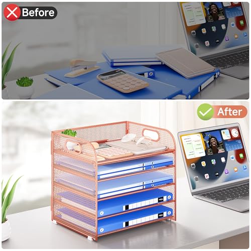 Paper Organizer Letter Tray with Handle Mesh 5 Trays - color: Rose Gold, size: 12.6" x 9.1" x 13.4"