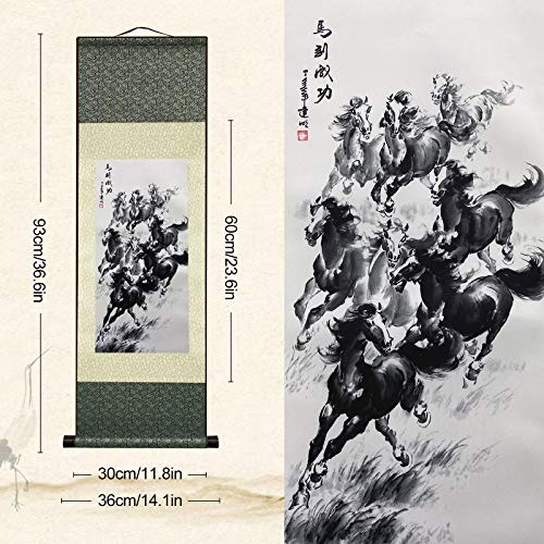AtfArt Silk Scroll Painting, Asian Wall Art, Eight Racehorses, 36.2x12in - color: B3