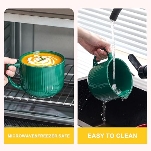 Ceramic Soup Bowl with Handle & Lid, 32oz Microwave Ramen Bowl Set of 2 - color: Forest Green 2pcs-32, size: 32 OZ