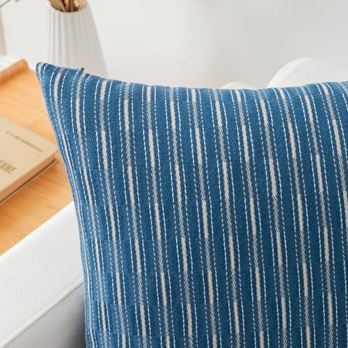 Kevin Textile Pack of 2 Farmhouse Throw Pillow Covers Boho Woven Texture Linen Striped Decorative Pillow Cases for Couch Bed and Chair, Navy Blue 18 x 18 inches 45 x 45 cm - color: A-navy Blue, size: 18" x 18" (Pack of 2)