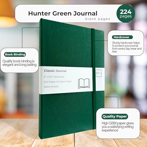 Portage Blank Hardcover Aesthetic Notebook Writing Journal – Bleed-Proof Paper Notepad for Journaling, High GSM, A5 Notebook, Cream Pages - Hunter Green, 6 x 8.5 Inches, 224 Pages - color: Hunter Green, size: Blank Pages