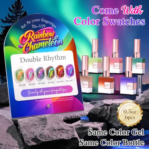 Double Rhythm Cat Eye Gel Nail Polish Set of 6 Same Color Same Bottle 0.5 Oz Shimmer Glitter with Magnet Holographic Reflective Magnetic UV Nail Polish Kit at Home (T6-119) - color: Chameleon Rainbow