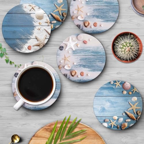 Coasters for Drinks, Set of 6, Ceramic Stone Summer Beach - color: Shell Wooden