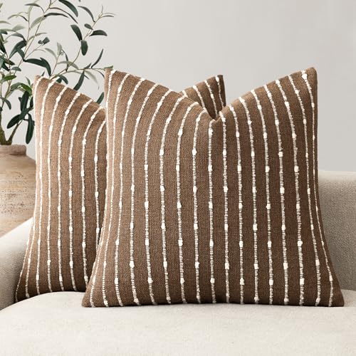 Foindtower Decorative Striped Boucle Throw Pillow Covers 18x18 Inch Brown - color: Brown, size: 18" x 18" (Pack of 2)