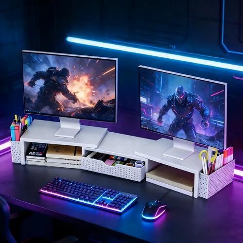 Spacrea Dual Monitor Stand Riser with Drawer and 2 Pen Holders - color: White