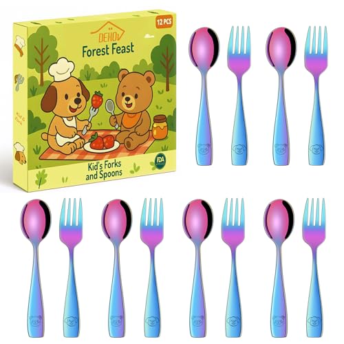 DEHOV Rainbow Toddler Eating Utensils Set,Set Of 12 Food Grade Stainless Steel Silverware Sets For Kids,Dishwasher Safe Children Small Metal Spoons And Forks Flatware Sets - color: Rainbow