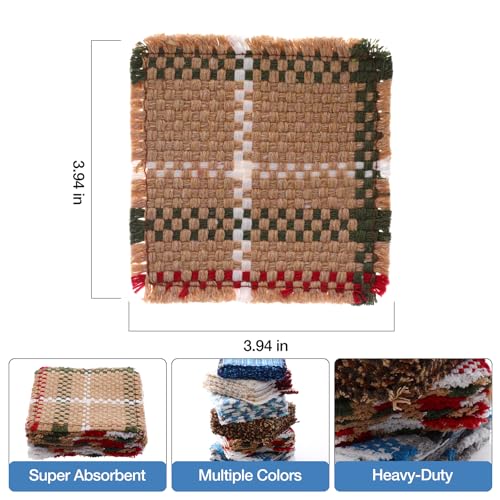 Set of 10 Fabric Drink Coasters, Handcrafted Cotton Woven Coasters for Table, Coastal Farmhouse Table Decor for Coffee Tea Cocktails, Absorbent Soft Desk Coasters for Kitchen Office, Housewarming Gift - color: Red & White Square