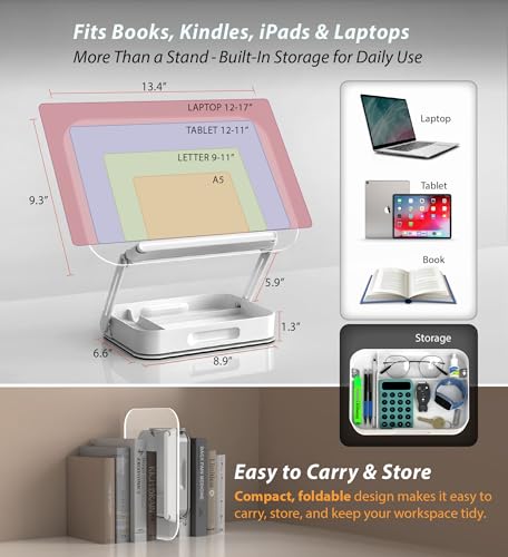 Acrylic Book Stand with Storage, 360° Rotating, Foldable Adjustable Holder with Large Storage Capacity for Reading & Tablets (Clear) - color: Storage