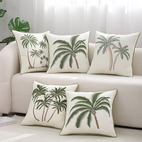 Embroidered Throw Pillow Covers 18x18 inch Pack of 2 Green Palm Tree - color: A Green Coconut Tree
