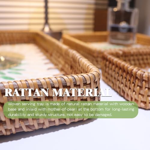 Rectangle Rattan Serving Tray with Mother of Pearl Inlay, Handmade Wicker Coffee Table Basket for Fruit Bread Food Tea Party Picnic Table Kitchen Home Boho Decor 3 Sizes (Green Flower) - color: Green Flower
