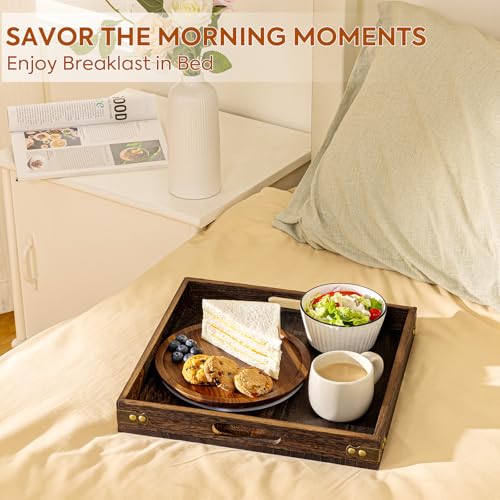 Serving Tray with Handles,Wood Decorative Tray,Square Large Serving Platter - size: 13" x 13" x 1.8"