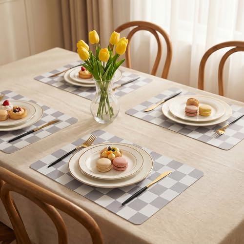 Set of 6 Checkerboard Non-Slip Washable Placemats for Dining Table - color: Gray