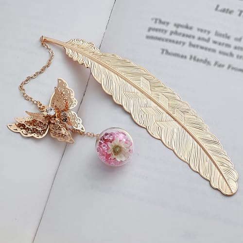 Toirxarn Metal Feather Bookmark, Back to School Teacher Gift for Women - color: Feather Gold - Pink Crystal With White Flowers