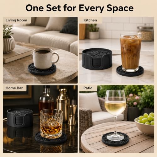 HFHOME Silicone Coasters Set with Holder - 6 Pack Drink Coasters for Coffee Table, Bar, Desk - Tabletop Protection Gift - Black - color: Pure Black