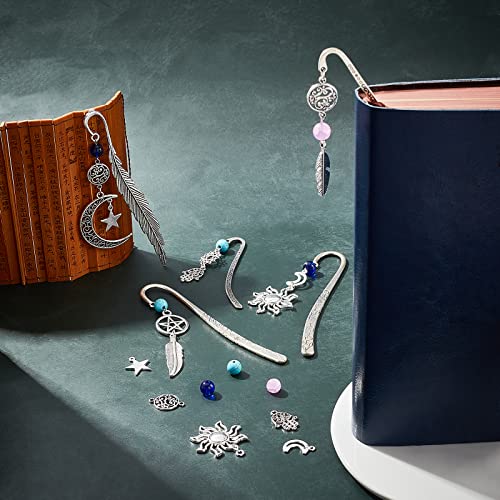 SUNNYCLUE DIY 6 Set Leaf Metal Hook Bookmarks Making Kit 6pcs Leaf Tibetan Style Alloy Bookmark with Feather Moon Sun Lotus Alloy Pendants & Turquoise Beads for DIY Book Marks Making - color: Diy 6 Sets Magic Hook Bookmarks Antique Silver
