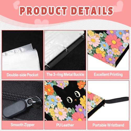 Girl Card Binder 4 Pocket, 4 Pocket Card Binder Cat, Collectible Trading Card Album Cats, Zippered Collection Gifts for Girls Boys Organized - color: Flowers Black Cat, size: 400 Pockets