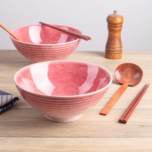 40oz Japanese Ceramic Ramen Bowl Set of 2 with Chopsticks and Spoons for Pho Udon Asian Soup Noodles (Pink) - color: Pink