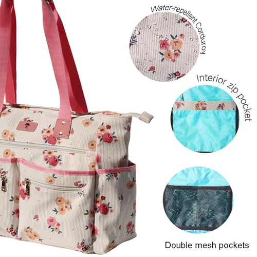 Weekender Bag Carry On Bag Overnight Tote Travel Duffle with 13 Pockets for Travel,Work，Gym,Beach,Teacher,Nurse - color: Corduroy Beige Flower