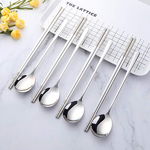 Buyer Star 4 Set Silver Square Chopsticks and Spoon Set Metal Stainless Steel Spoon Chopsticks Set - color: silver-square chopstick and spoon