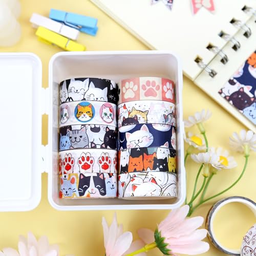 Cute Washi Tape Set, 12 Rolls Kawaii Cat Decorative Tape Cartoon Cat’s Paw Masking Tape for Journaling Supplies, Junk Journal, Scrapbooking, DIY Arts & Crafts, Planners, Gift Wrapping