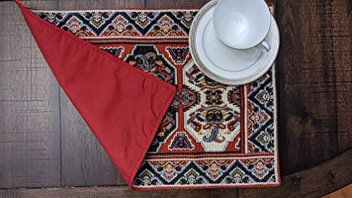 DaDa Bedding Majestic Red Kilim Rug Dining Table Placemats - Set of 4-Pieces Tapestry Cotton Kitchen Mats Royal Persian Tradtional Design - Elegant Intricate Multi-Colorful Floral Ornate - 13” x 19” - color: Majestic Red Kilim Rug