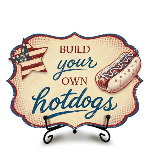 Hot Dog Stand Sign with Metal Display Stand, Wooden Patriotic Tabletop Menu Sign for BBQ Party, Food Truck, Buffet Table, Hot Dog Shop Decor, Independence Day 250th Anniversary Celebration - A01 - color: DLR A01