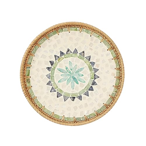 Kmelep Round Rattan Tray with Mother of Pearl Inlay, Rattan Serving Tray with Wooden Base, Decorative Wicker Basket for Table Decor, Storage and Display of Coffee Bread Food Fruit (Bohemia) - color: Bohemia, size: 11.8"