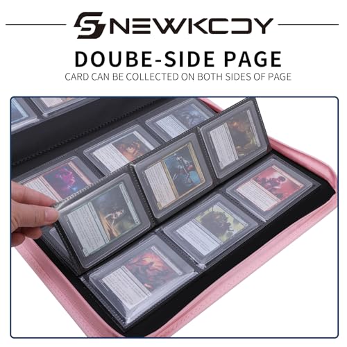 Snekdy Top loader Binder, 9 Pockets Top Loader，Holds 360 Top Loaders cards, Card binder with Sleeves for card in 3 x 4 inches color smooth Zipper PU Leather (Pink) - color: Pink