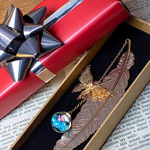 Toirxarn Metal Feather Bookmark, Back to School Teacher Gift for Women - color: Feather Gold - Light Blue Crystal With Pink Flower