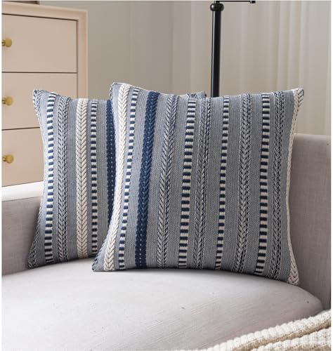 Cethom Boho Throw Pillow Covers 18x18 Inch Set of 2, Farmhouse Decorative Couch Pillow Cases, Navy Blue Accent Pillows of Bed, Sofa Bedroom Living Room Home Decor Cushion Cover - color: Navy Blue, size: 18" x 18" (Pack of 2)