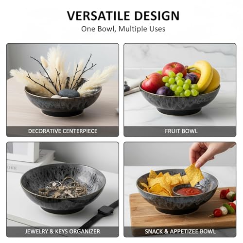 Ceramic Fruit Bowl,10.2" Decorative Bowl, Large Fruit Bowl for Kitchen Counter, Pedestal Bowl, Kitchen Counter Décor, Bread Candy Snacks Organizer(Black Gray) - color: Black Gray