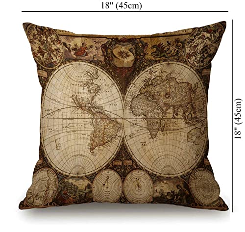 Solekla World Map Square Throw Pillow Cover Old World Map Drawn in 1720s Nostalgic Style Art Historical Atlas Vintage Design Decorative Pillow Case Home Decor 18x18 Inches Pillowcase - color: Sl200