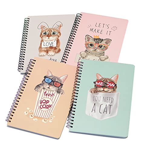 Yansanido Spiral Notebook, 4 Pcs A5 Thick Cat Design Hardcover 8mm Ruled 4 Color 80 Sheets -160 Pages Journals for Study and Notes (Cat) - style: Cat