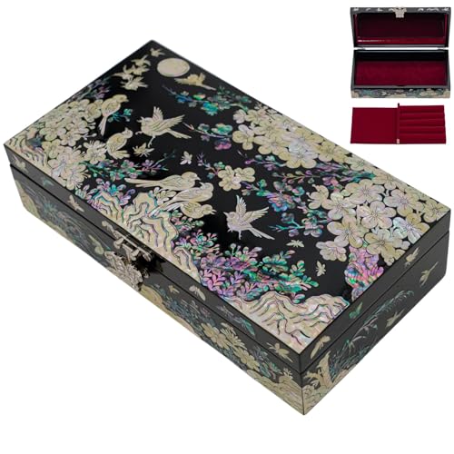 February Mountain Mother of Pearl Jewelry Box with Removable Ring Tray - Gifts for Women Birthday Wedding Christmas - style: Birds