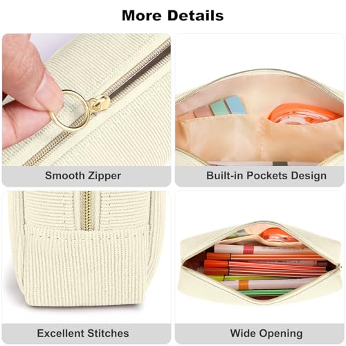 FINPAC Pencil Case, Corduroy Aesthetic Makeup Bag - color: Beige