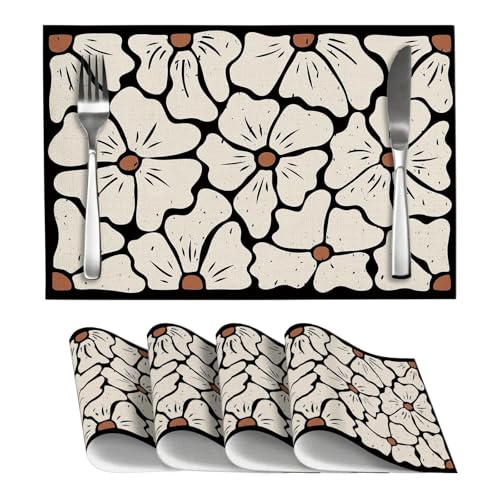 Boho Floral Placemats, Vintage Linen Place Mat Set of 4, Washable Non-Slip Heat-Resistant Farmhouse Abstract Table Mats, Wildflower Spring Summer Dining Mat for Party Kitchen Dining Decoration - color: Black Flower