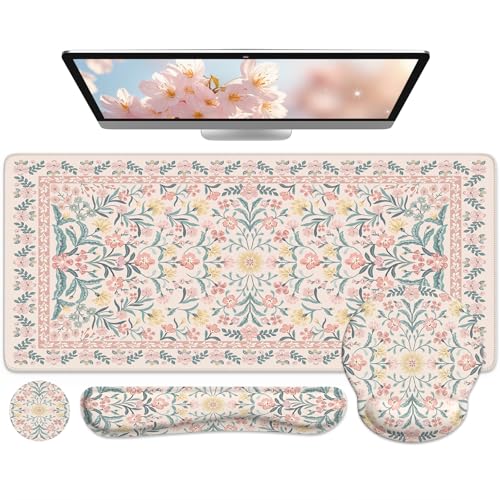 iCasso Desk Pad Mat, Large Mouse Pad and Keyboard Wrist Rest Set - color: Pink Flowers