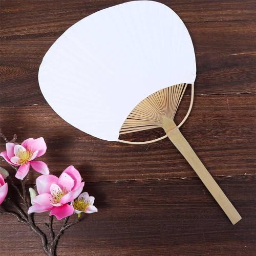 Kopida White Paddle Fan, Blank Pattern Summer Bamboo Hand Paper With Long Handle, Decorative Chinese for Home Desk Ornament