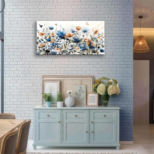 KZKU Watercolors Floral Canvas Wall Art Prints for Home Decor Living Room Dining Room Bedroom Office Wall Decor Multicolored Flowers Canvas Artwork Size：20x40inch - color: Blue and orange flowers, size: 40"L x 20"W