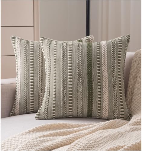 Cethom Boho Throw Pillow Covers 18x18 Inch Set of 2, Farmhouse Decorative Couch Pillow Cases, Green Accent Pillows of Bed, Sofa Bedroom Living Room Home Decor Cushion Cover - color: Green, size: 18" x 18" (Pack of 2)