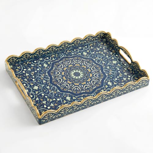 AGIOTA Coffee Table Trays for Living Room Serving Tray with Handles, Modern Large Tray for Ottoman Coffee Table - color: Wave-blue Palace