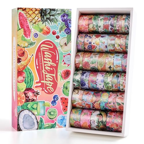 emmoolife 48 Rolls Washi Tape Set, Vibrant Watercolor Summer Fruit Decorative Tape for Scrapbooking, Bright Colorful Holiday Tapes for Junk Journal Supplies Bullet Journaling, DIY Art for Women - style: Colorful Fruit