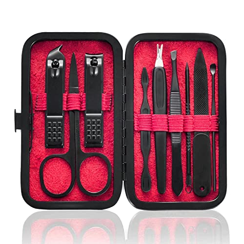 HANTEKAS Manicure Set 9 in 1 Stainless Steel, Nail Clippers Scissors Pedicure Tools Kit - Portable Travel Grooming Kit for Men and Women with Black/Red Leather Case (Red) - color: Red