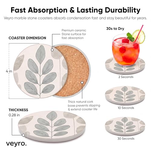 VEYRO Ceramic Coasters Set of 6 or 4 – Absorbent Stone Drink Coasters with Holder, Non-Slip Cork Backing, Modern Marble Look Coasters for Coffee Table, Desk & Home Decor (Leaves 5, Set of 4) - color: Leaves 5, size: Set of 4