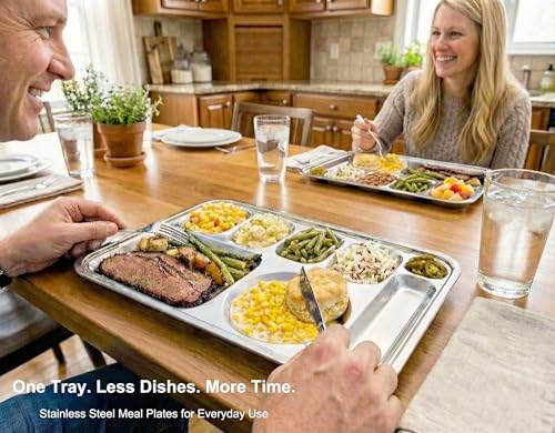 Korean Stainless Steel XL Divided Plates with Cutlery Slot for Adults 2Pack - size: 8 Compartments