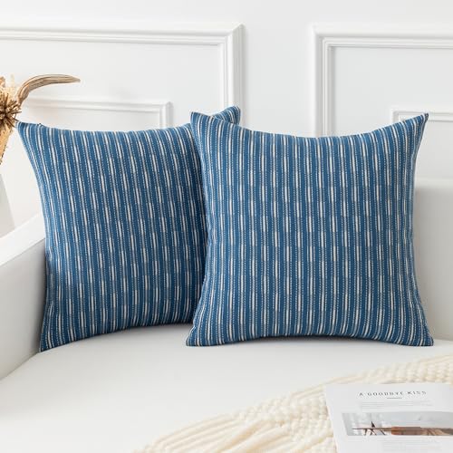 Kevin Textile Pack of 2 Farmhouse Throw Pillow Covers Boho Woven Texture Linen Striped Decorative Pillow Cases for Couch Bed and Chair, Navy Blue 18 x 18 inches 45 x 45 cm - color: A-navy Blue, size: 18" x 18" (Pack of 2)