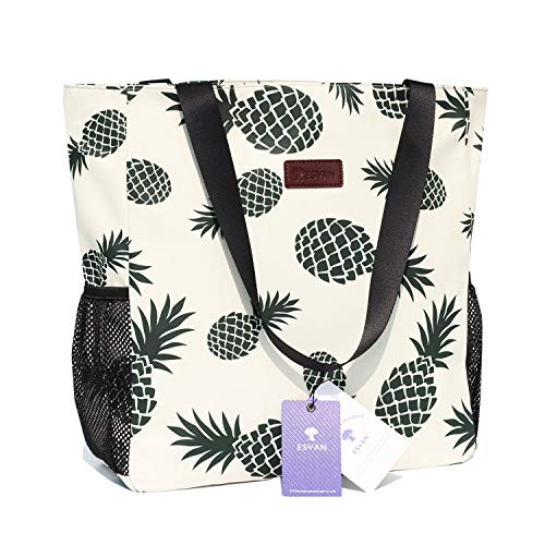 ESVAN Original Floral Water Resistant Large Tote Bag Shoulder Bag for Gym Beach Travel Daily Bags Upgraded - color: [H] Floral Leaf